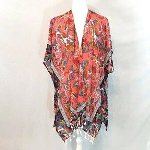 Bohemian Coral Paisley Kaftan Poncho Wrap Tunic Top OS Resortwear Beach Cover-Up